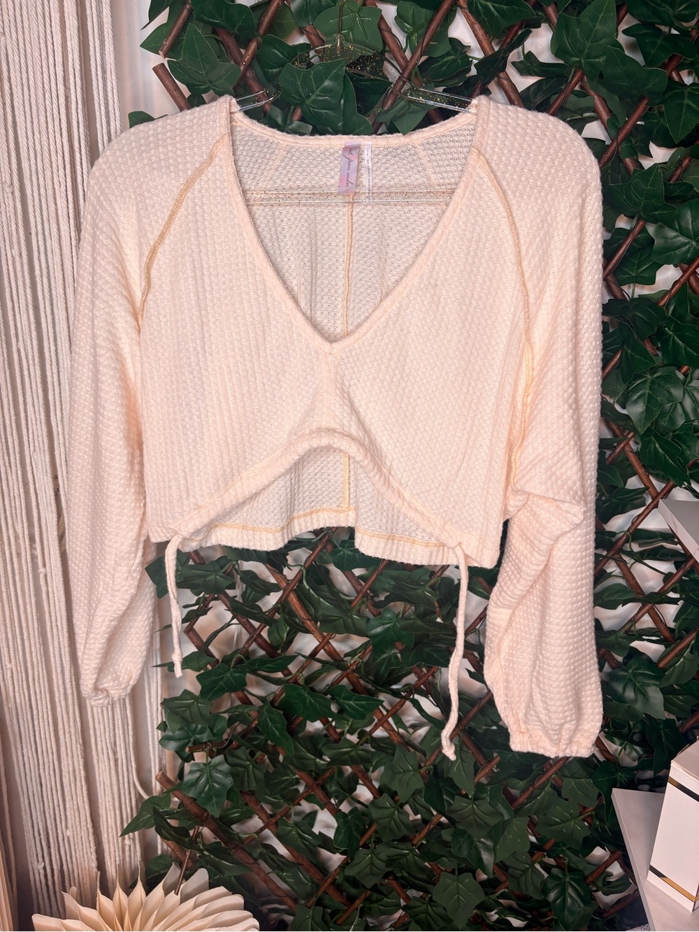 Urban Outfitters Cream Waffle Knit Cropped V-Neck Top